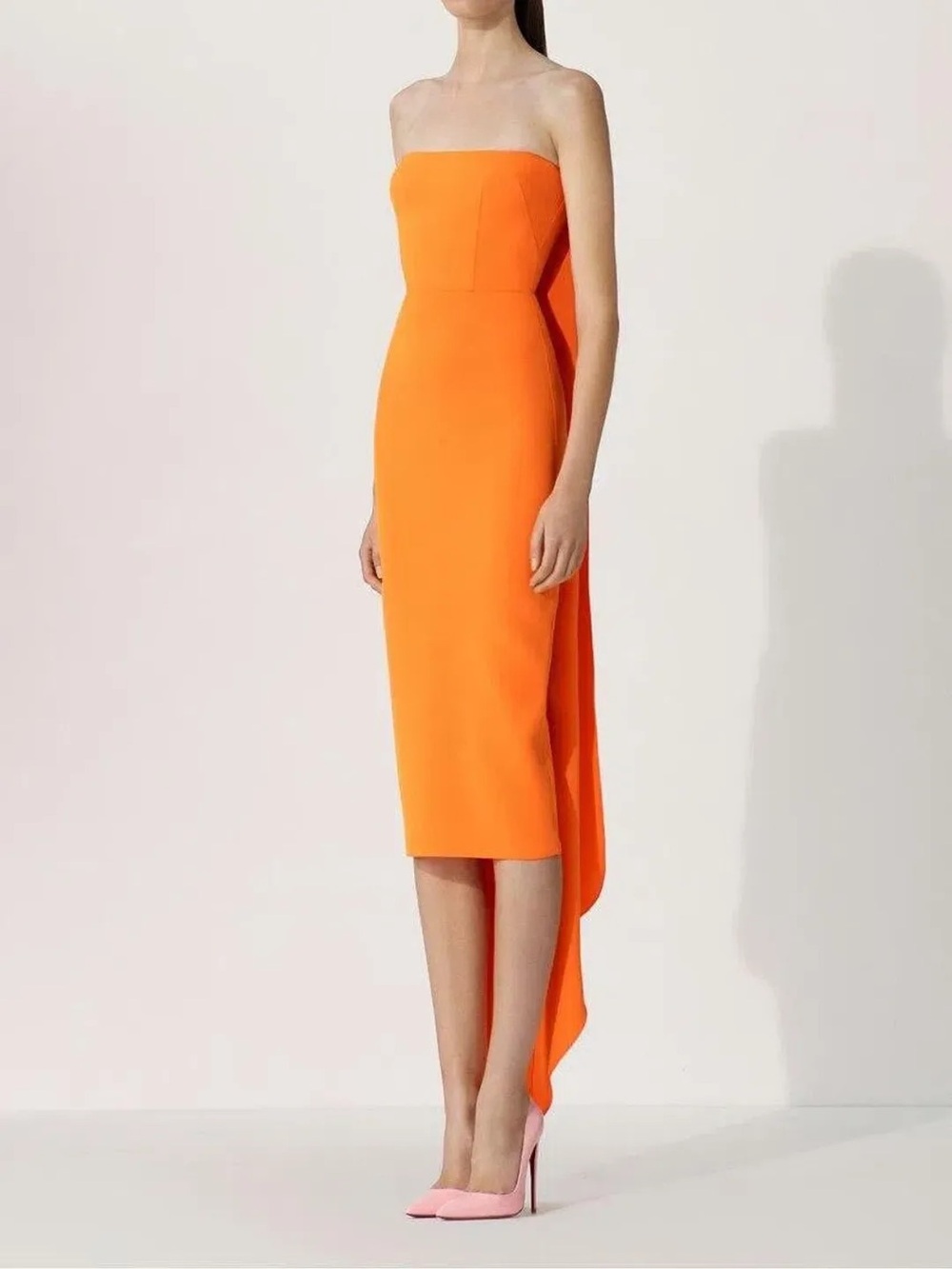 Alex Perry Strapless Vibrant Orange Sheath Dress with Back Drape